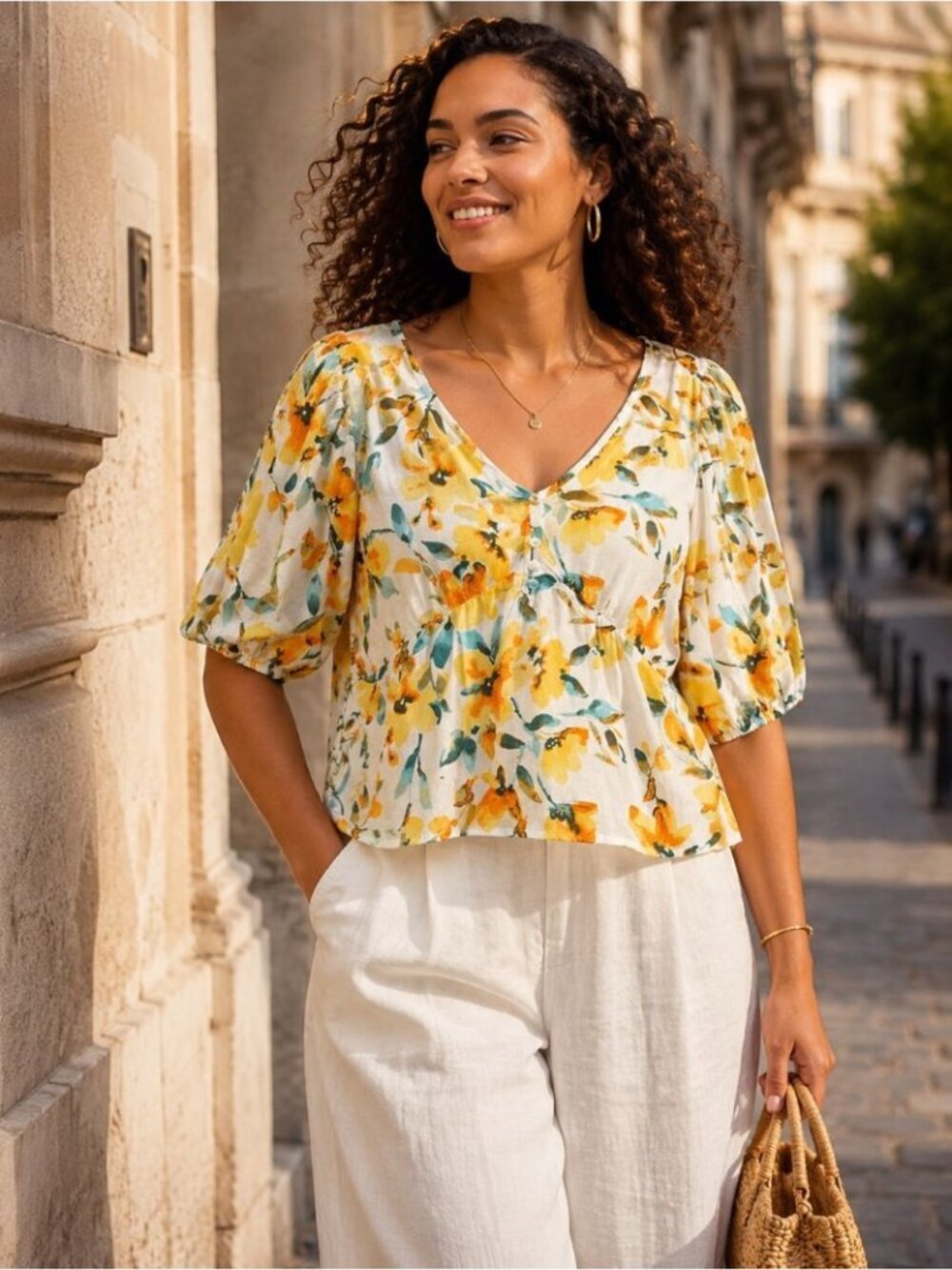 Gap Floral Peplum Blouse White Yellow Large Cottagecore Summer Boho